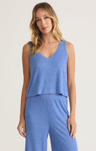 Model wearing ZSupply - Sloane V-Neck Rib Tank in Bay Blue.