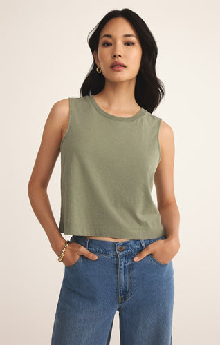 Model wearing ZSupply - Sloane Jersey Muscle Tank in Avocado.