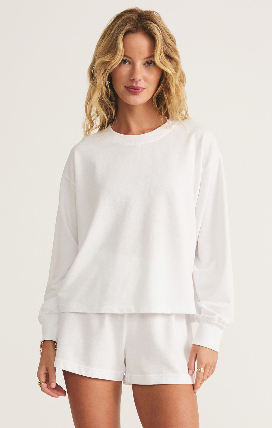 Model wearing ZSupply - Ellis Sweatshirt in White.