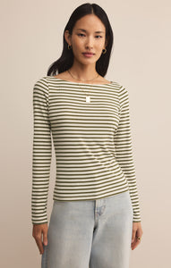 Model wearing ZSupply Pristine Striped LS Tee in Fern.