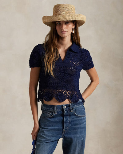 Model wearing Polo Ralph Lauren - Pointelle Cotton Polo Shirt in Spring Navy.