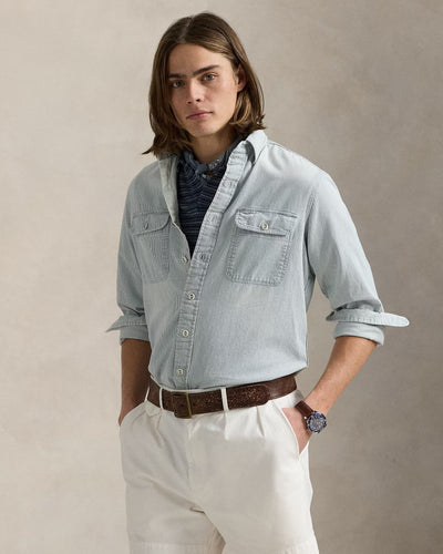 Model wearing POLO Ralph Lauren - Classic Fit Striped Twill Workshirt in White Indigo.
