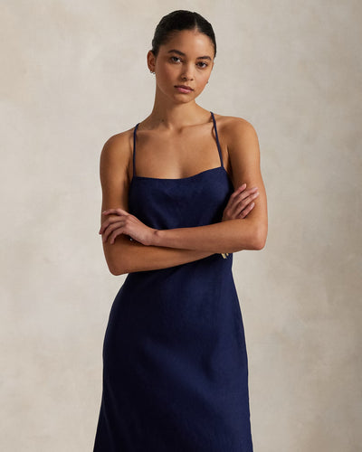 Model wearing Polo Ralph Lauren - Linen Sleeveless A-Line Dress in Newport Navy.