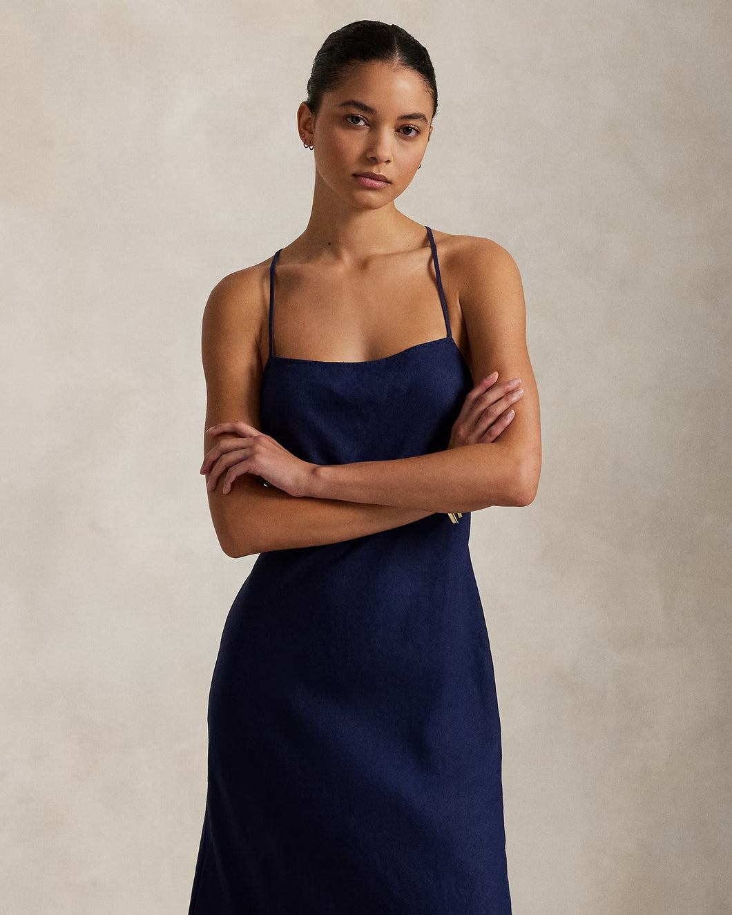 Model wearing Polo Ralph Lauren - Linen Sleeveless A-Line Dress in Newport Navy.
