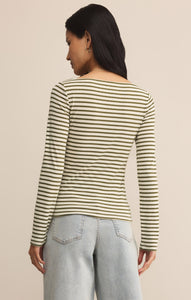Model wearing ZSupply Pristine Striped LS Tee in Fern - back.
