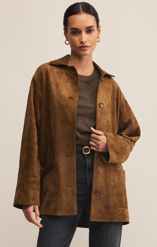 Model wearing ZSupply Decker Suede Chore Jacket in Coconut.