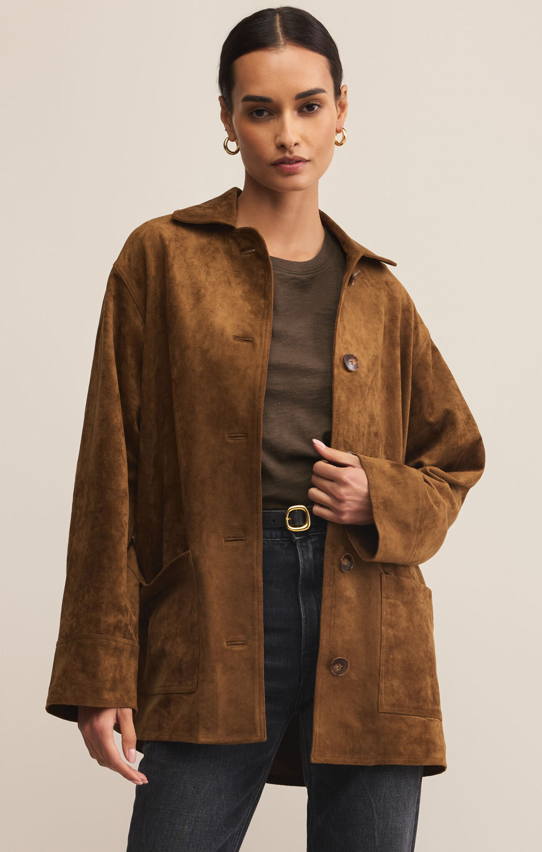 Model wearing ZSupply Decker Suede Chore Jacket in Coconut.