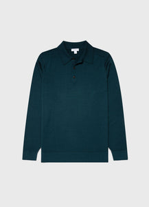 Sunspel - Fine Merino Wool LS Polo Shirt in Peacock.