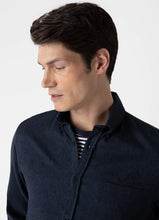 Load image into Gallery viewer, Model wearing Sunspel - Button Down Flannel Shirt in Navy Melange.
