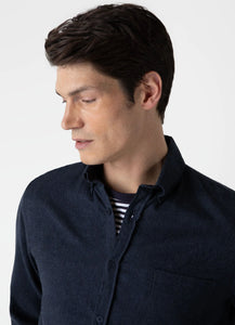 Model wearing Sunspel - Button Down Flannel Shirt in Navy Melange.