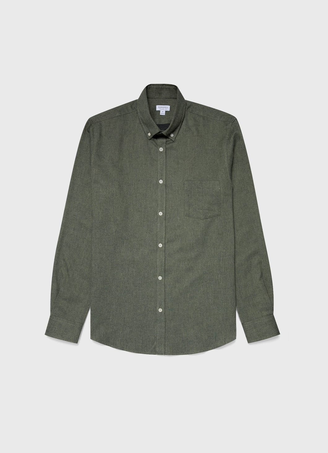 Sunspel - Button Down Flannel Shirt in Green Melange.