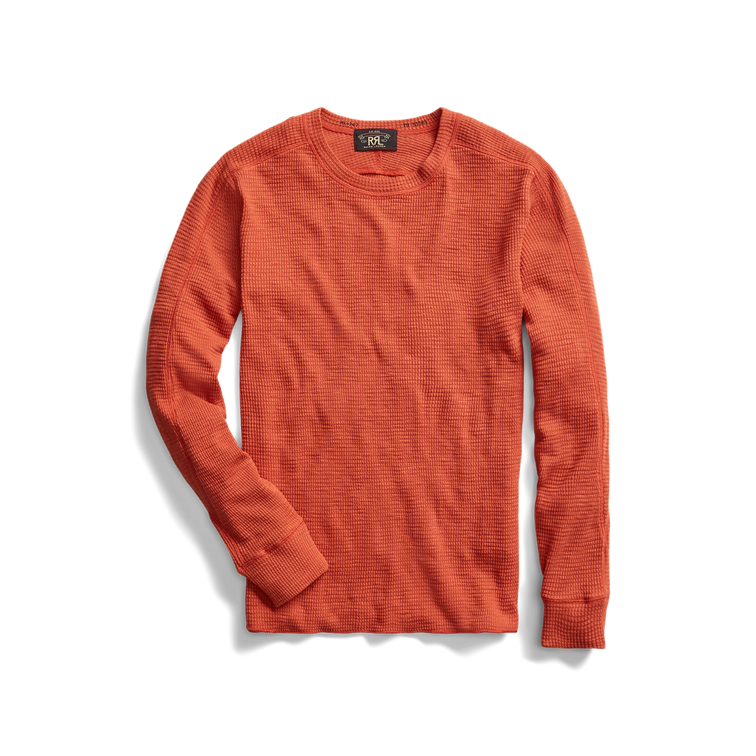 RRL - Long Sleeve Textured Cotton Waffle Knit Shirt in Orange.
