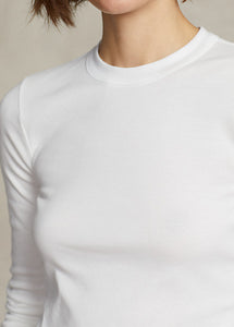 Model wearing Polo Ralph Lauren - L/S Ribbed Cotton Tee in White.