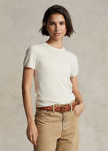 Model wearing Polo Ralph Lauren - Cashmere Short Sleeve Crewneck in Cream.