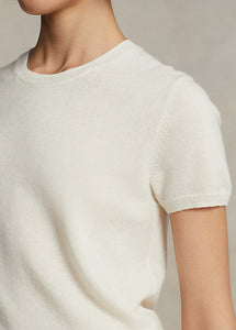 Model wearing Polo Ralph Lauren - Cashmere Short Sleeve Crewneck in Cream.