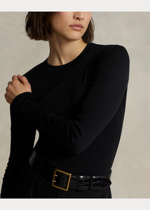 Model wearing Polo Ralph Lauren - L/S Ribbed Cotton Tee in Black.