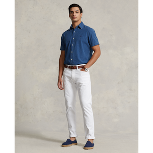 Model wearing POLO Ralph Lauren - Short Sleeve Seersucker Sport Shirt (Classic Fit) in Dark Indigo.