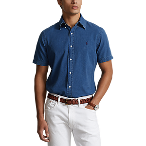Model wearing POLO Ralph Lauren - Short Sleeve Seersucker Sport Shirt (Classic Fit) in Dark Indigo.