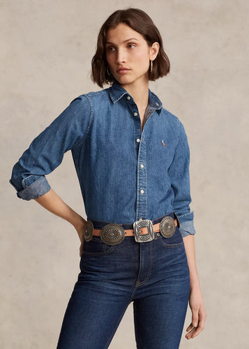 Model wearing Polo Ralph Lauren - Straight Fit Denim Shirt in Merced Wash.