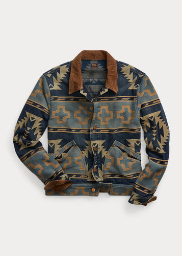 RRL - Valero Cotton Indigo Denim Jacquard Trucker Jacket in Indigo/Yellow/Tan Multi.