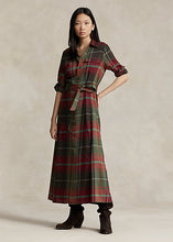 Load image into Gallery viewer, Model wearing Polo Ralph Lauren - Belted Plaid Cotton-Blend Dress in Red Multi Plaid.
