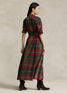 Model wearing Polo Ralph Lauren - Belted Plaid Cotton-Blend Dress in Red Multi Plaid.