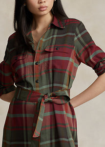 Model wearing Polo Ralph Lauren - Belted Plaid Cotton-Blend Dress in Red Multi Plaid.