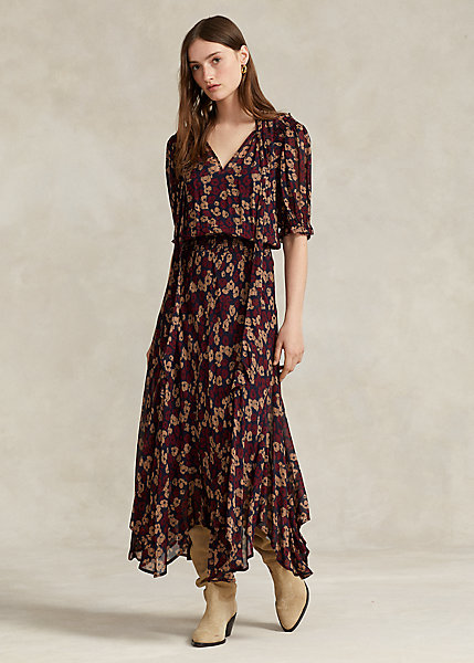 Model working Polo Ralph Lauren - Floral Tie-Neck Georgette Dress in Fall Poppy Floral.