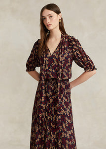 Model working Polo Ralph Lauren - Floral Tie-Neck Georgette Dress in Fall Poppy Floral.