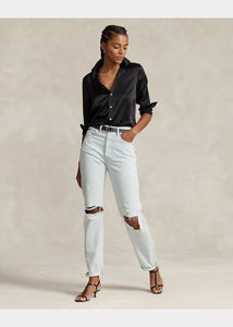 Model wearing Polo Ralph Lauren - Classic Fit Silk Shirt in Black.