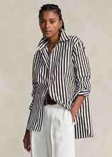 Load image into Gallery viewer, Model wearing Polo Ralph Lauren - Relaxed Fit Striped Cotton Shirt in Brown/White Stripe.
