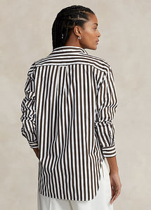 Model wearing Polo Ralph Lauren - Relaxed Fit Striped Cotton Shirt in Brown/White Stripe - back.