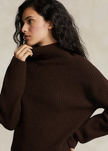 Model wearing Polo Ralph Lauren - Ribbed Wool-Cashmere Mockneck Sweater in Cedar Heather.