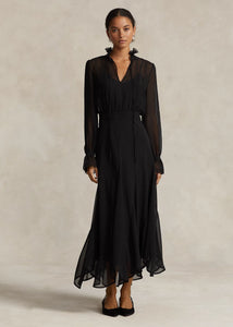 Model wearing Polo Ralph Lauren - Lace-Trim Blouson Georgette Dress in Black.