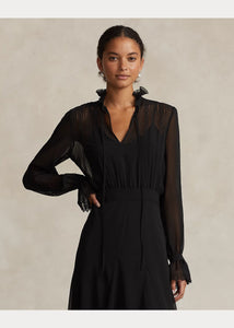 Model wearing Polo Ralph Lauren - Lace-Trim Blouson Georgette Dress in Black.