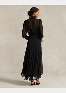 Model wearing Polo Ralph Lauren - Lace-Trim Blouson Georgette Dress in Black - back.