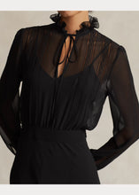 Load image into Gallery viewer, Model wearing Polo Ralph Lauren - Lace-Trim Blouson Georgette Dress in Black.
