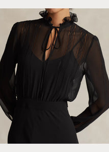 Model wearing Polo Ralph Lauren - Lace-Trim Blouson Georgette Dress in Black.