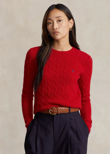 Model wearing Polo Ralph Lauren - Cable-Knit Wool Cashmere Julianna Sweater in New Red.