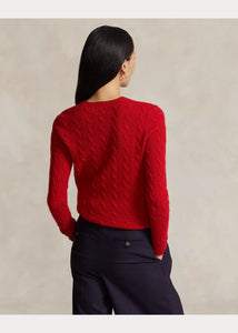 Model wearing Polo Ralph Lauren - Cable-Knit Wool Cashmere Julianna Sweater in New Red - back.