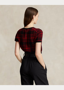 Model wearing Polo Ralph Lauren - Plaid Wool Short Sleeve Sweater in Red/Black Plaid - back.