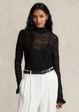 Load image into Gallery viewer, Model wearing Polo Ralph Lauren - Ruffle-Trim Pointelle-Knit Top in Black.

