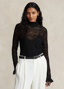 Model wearing Polo Ralph Lauren - Ruffle-Trim Pointelle-Knit Top in Black.