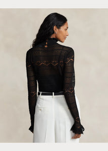 Model wearing Polo Ralph Lauren - Ruffle-Trim Pointelle-Knit Top in Black - back.