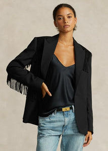 Model wearing Polo Ralph Lauren - Fringe-Trim Wool Twill Blazer in Black.