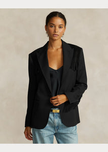 Model wearing Polo Ralph Lauren - Fringe-Trim Wool Twill Blazer in Black.