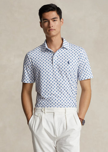 Model wearing POLO Ralph Lauren - Classic Fit Performance Polo Shirt in Preppy Woodblock.