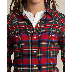 Model wearing POLO Ralph Lauren - L/S Ranch Classic Western Sport Shirt w/ Pockets in Red/Black Multi.