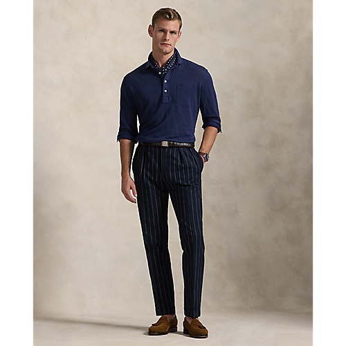 Model wearing POLO Ralph Lauren - Linen Mesh LS Polo Shirt in Newport Navy.