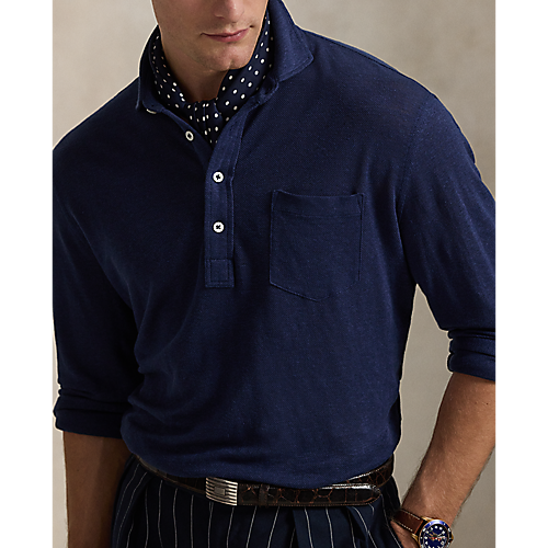Model wearing POLO Ralph Lauren - Linen Mesh LS Polo Shirt in Newport Navy.